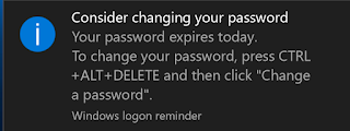 Screenshot of Windows logon reminder to change password by clicking Control + Alt + Delete