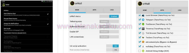 Dikembangkan oleh Swiss privacy activist Cedric Jeanneret, OrWall pada dasarnya adalah sebuah firewall untuk Android Anda yang akan memaksa semua aplikasi (atau hanya yang Anda pilih) untuk menggunakan jaringan TOR untuk mengirimkan semua data-data nya. Dan jika salah satu dari aplikasi tersebut tidak dapat menggunakan jaringan TOR untuk mengakses internet, maka koneksi data akan diblokir. Setelah menginstal APK tersebut, selesaikan program pemandu setup dan reboot Android Anda untuk mengaktifkan proses pada latar belakang. Setelah Anda selesai reboot Android Anda, Anda kemudian dapat membuka Aplikasi OrWall untuk mulai memilih aplikasi mana yang Anda inginkan untuk dapat menggunakan jaringan TOR.