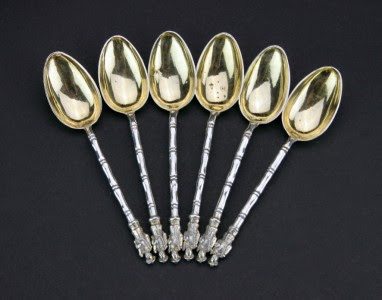 ANTIQUE 19thC CHINESE WANG HING SOLID SILVER SET OF 6 TEA SPOONS c.1880