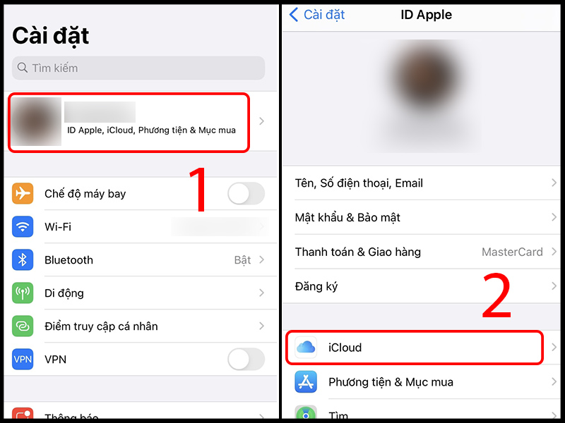 Ở mục Cài đặt, chọn phần Tên của bạn, sau đó chọn mục iCloud