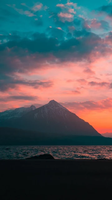 Linda Paisagem, Lago, Montanhas, Pôr do Sol