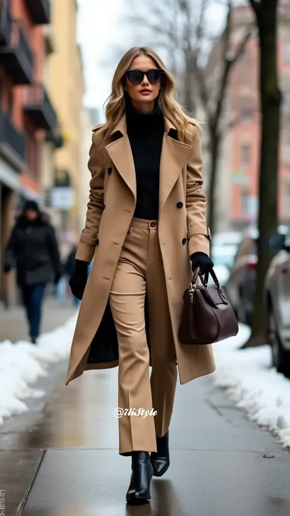 Woman styled in a chic sand beige trench coat over a monochromatic outfit.