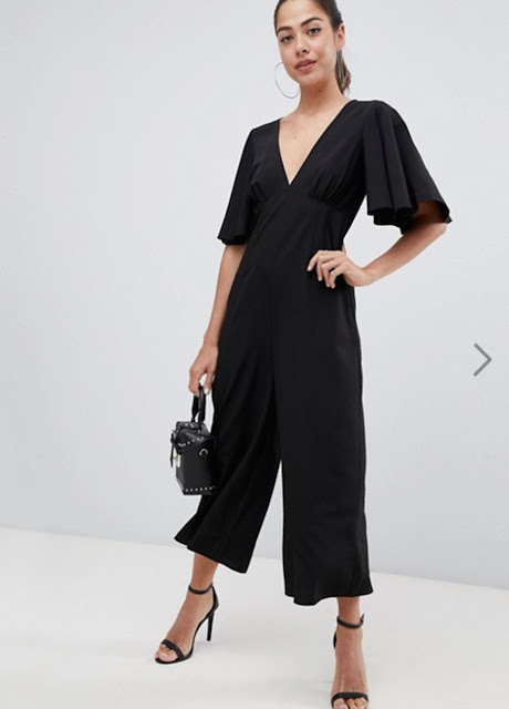 asos design tea jumpsuit with empire seam and flutter sleeve