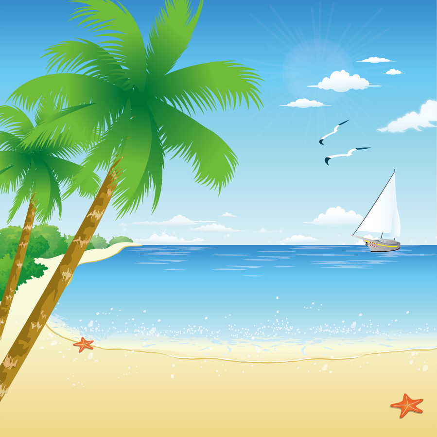 Free Vector がらくた素材庫 浜辺のヨットとカモメの背景 Tropical Beach イラスト素材