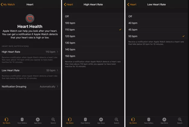 تعيين تنبيهات نبضات القلب العالية والمنخفضة على Apple Watch