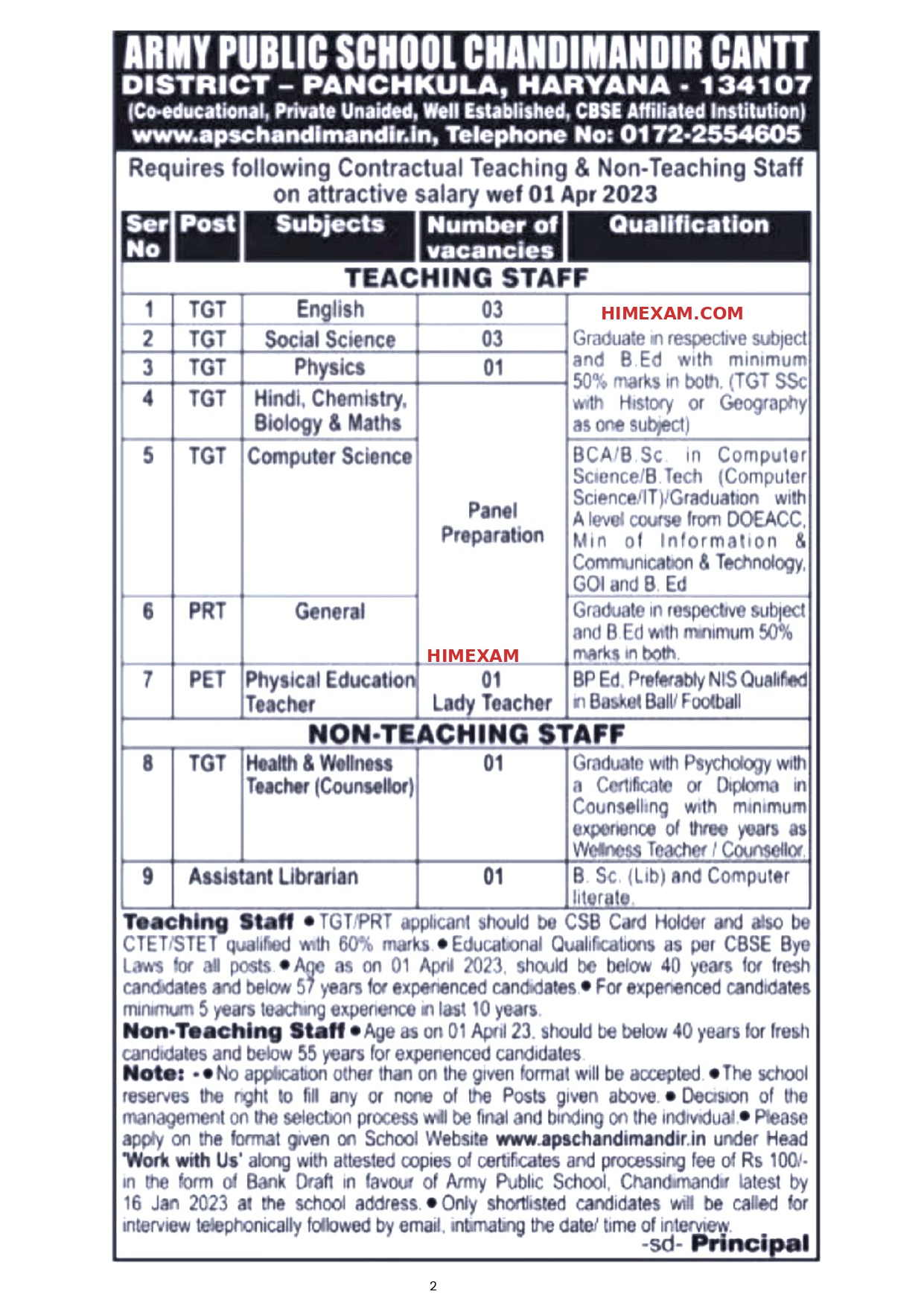 Army Public School Chandimandir Teaching & Non Teaching Staff Recruitment 2022