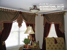 Stylish country curtains for living room in English style, burgundy curtains with patterned valance