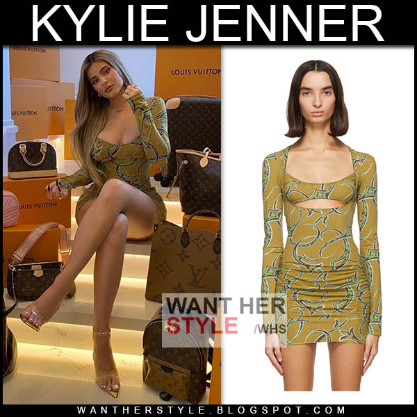 Kylie Jenner in green printed mini dress