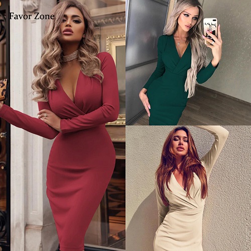 New Women Dress Autumn Winter Casual Solid Color Long Sleeve Elegant Office Lady Dress Sexy Deep V Neck Bodycon Pencil Party Dresses