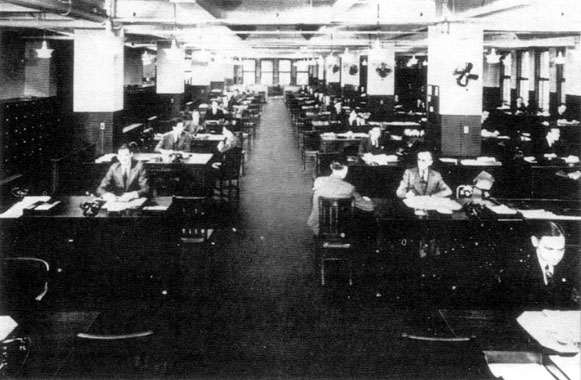 open office layout. Typical 1950#39;s office layout.