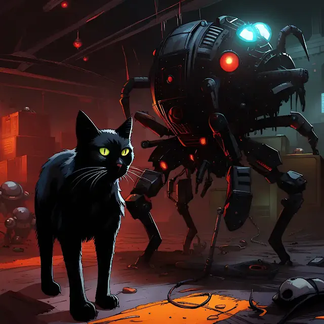 um gato preto ao lado de um grande robô preto com designer misto de aranha mutante mecânica com um globo opalino encrustrado na lataria de metal escuro, metal preto com marcas de tiro enferrujadas e respingos de sangue, vários membros mecatrônicos equipados com armas, armazém de agrotóxicos, luzes neon, arte scifi cyberpunk