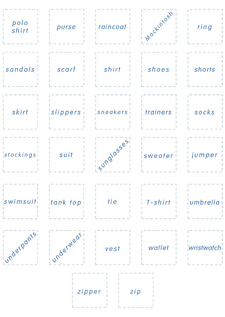 Printable clothes vocabulary cards for bingo game - ESL worksheets