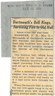 1935 New York Times article titled 'Dartmouth's Bell Rings, Surviving Fire in Old Hall"