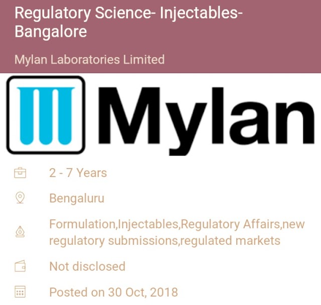 Mylan Laboratories | Apply for Regulatory Science - Injectables | Bangalore