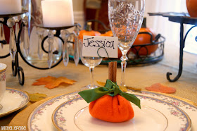 Pumpkin place cards made from Dollar Store supplies.  No sew!