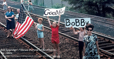 screen shot of Blind magazine article on Bill Eppridge wth mourners holding "Goodbye Bobby" signs as the RFK funeral train passes, 1968