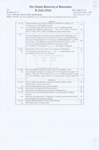 Old Question Paper B.Tech (Pass) Civil, Advance Survey and Construction, Supply 2013 and Annual 2014 of The Islamia University of Bahawalpur