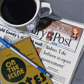 photrealistic acrylic painting of a cup of coffee reporter's notebook pen and newspaper by artist kim testone