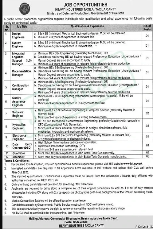 Heavy Industries Taxila Jobs 2023