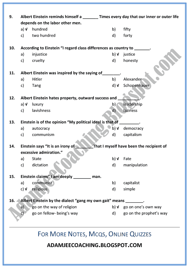 English XII - The World As I See it - Mcqs