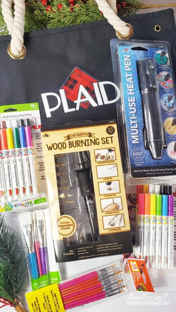 Winner will receive over $100 worth of products from Plaid:  Plaid Tote Bag with Rope Handles in Black (Priceless...you cannot buy this from Plaid!) Multi-Use Heat Pen ($28.99) Wood Burning Set ($26.99) Multi-Surface Paint Pens in Original and Neon ($17.99 each) 2 Packages of Paint Brushes ($7.49 and $3.99)