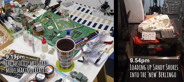 Two photos. The first shows the mess that modelmaking creates as seen on my desk. The second shows the car loaded up with the layout.