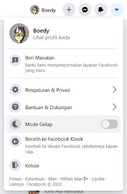 merubah tampilan Facebook Mode Gelap versi dekstop, tutorial, cara setting, tips, nyalakan mode gelap, setting dark mode facebok, cara atur