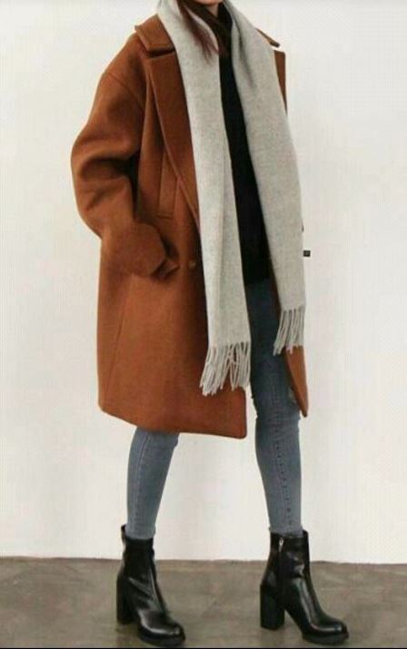 best winter outfit with a brown coat : scarf + jeans + black boots + sweater