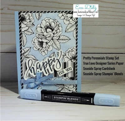 Seaside Spray cardstock card that says Happy for You stamped with Pretty Perennials stamp set includes true love designer series paper