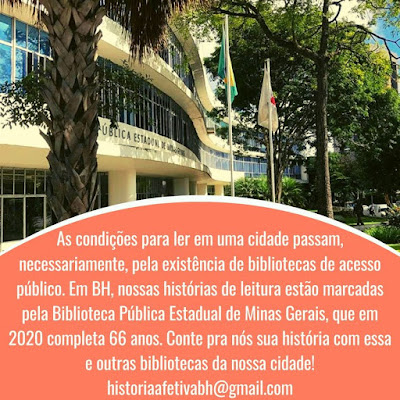 As condições para ler em uma cidade passam, necessariamente, pela existência de bibliotecas de acesso público. Em BH, nossas histórias de leitura estão marcadas pela Biblioteca Pública Estadual de Minas Gerais, que em 2020 completa 66 anos. Conte pra nós sua história com essa e outras bibliotecas da nossa cidade!   Envie sua história no e-mail: historiaafetivabh@gmail.com. Foto da entrada da Biblioteca Pública Estadual de Minas Gerais, em uma manhã de sol.