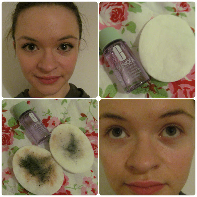 four photos from left to right and down: close up of girl's face with eyeliner and mascara on; small purple bottle with green lid next to clean white cotton pads, bottle again with used cotton pads with black and cream makeup on them; same girl face close up with no eye makeup on