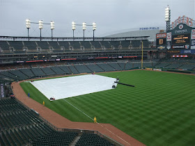 tarp on the field at comerica park, rain delay, detroit tigers