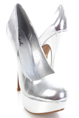Silver Metallic Faux Leather Round Toe Platform Pump Heels