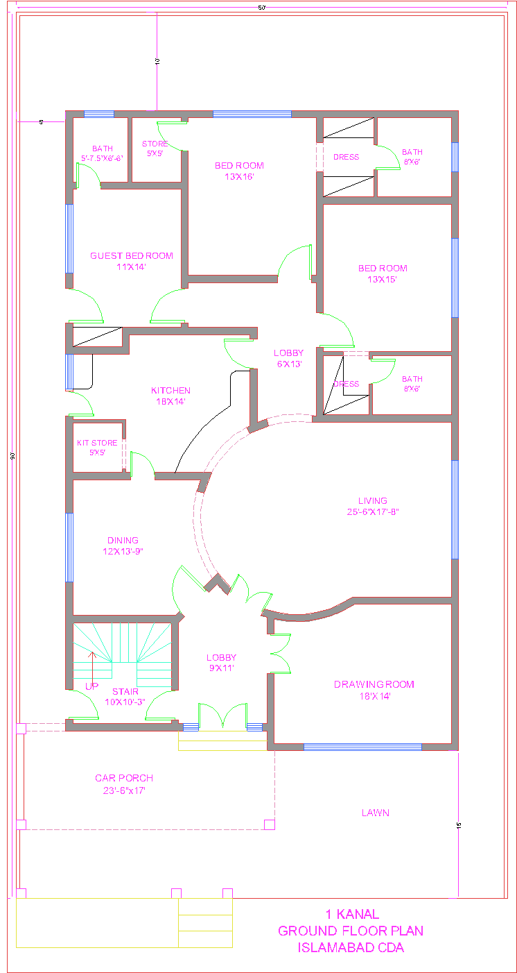 3D Front Elevation com 1 Kanal House Plan CDA islamabad