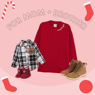 Mom and Son matching outfits with Plaid layering tunic and christmas sweatshirt with baby booties and hiking boots