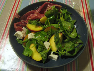 mozzarella, peach, basil and parma ham salad