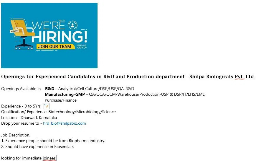 Job Availables, Shilpa Biologics Pvt Ltd Job Opening For Freshers & Experienced Biotechnology/ Microbiology/ Science - R&D/ Production Dept