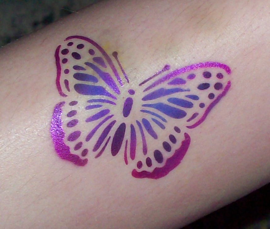 Airbrush Tattoo In Purple Butterfly Theme On Hands