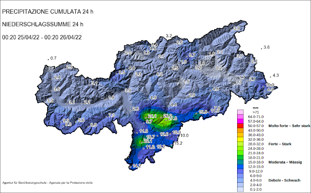 Sommatoria di precipitazione del 24.04.2022: nel sud del territorio si sono registrati più di 20 mm.