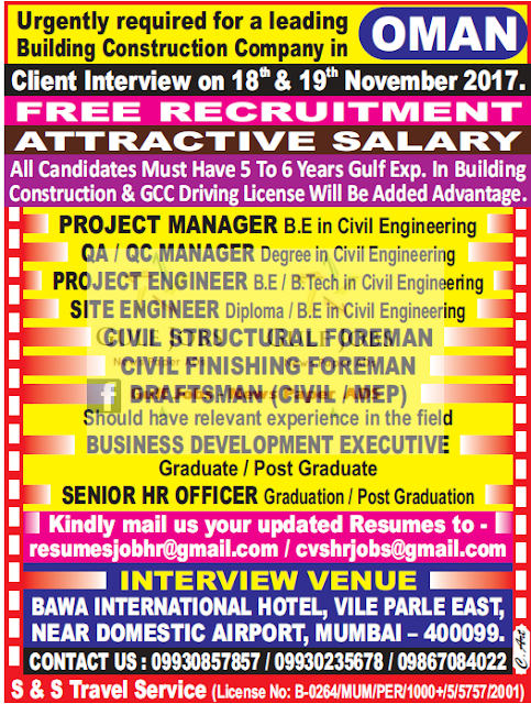 Building construction Company Job Opportunities for Oman - Free Recruitment