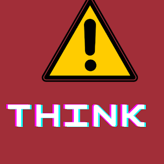 Triangle warning sign with the word think underneath on a maroon background