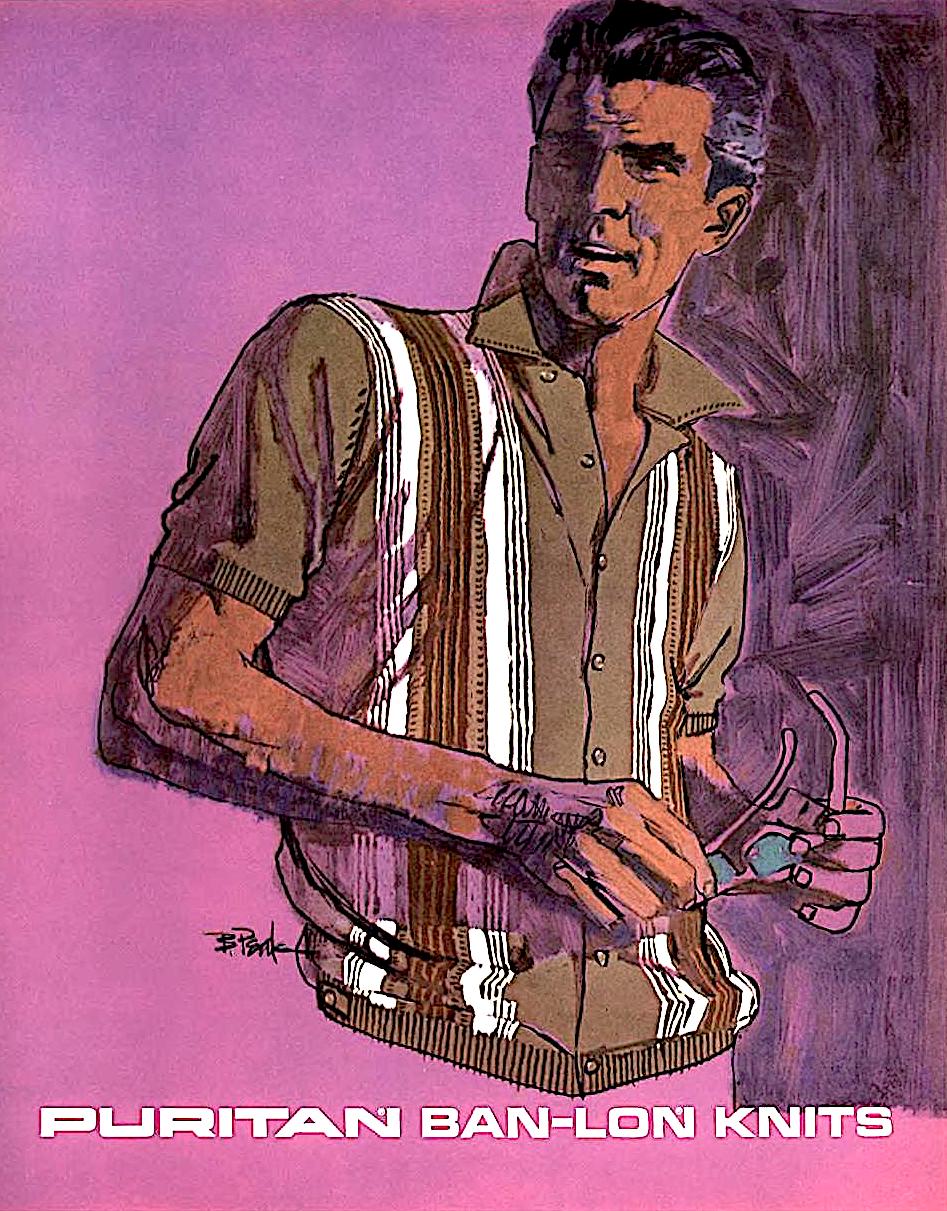 a Bob Peak 1965 illustration for Puritan Ban-Lon Knit shirts, striped shirts