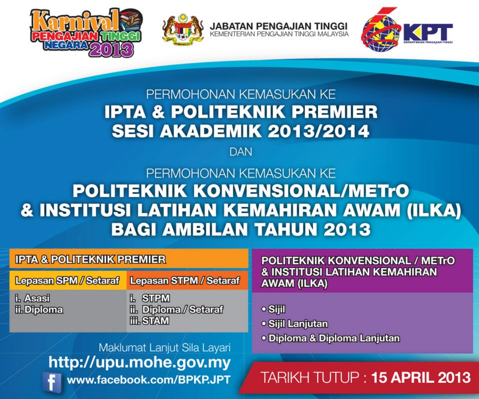 PERMOHONAN KEMASUKAN KE IPTA, POLITEKNIK & ILKA 2013/2014 