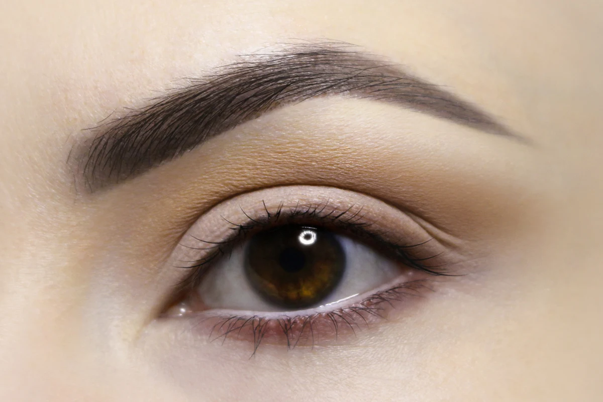 a close-up of a brown woman eye with a hooded eyelid and a neutral, brown everyday look