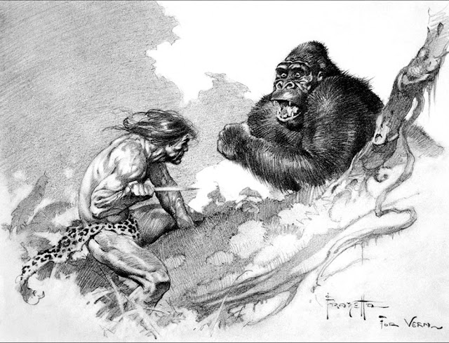 A pencil sketch by Frank Frazetta featuring Tarzan fighting a Gorilla