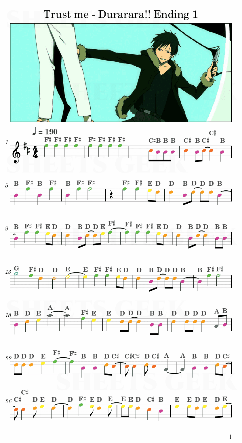 Trust me - Durarara!! Ending 1 Easy Sheet Music Free for piano, keyboard, flute, violin, sax, cello page 1
