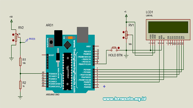 Rangkaian Voltmeter digital Arduino Uno
