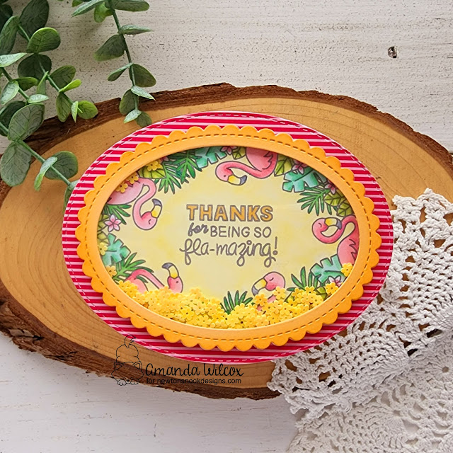 Flamingo Thank you card by Amanda Wilcox | Flamingo Oval Stamp Set, Oval Frames Die Set and Summertime Paper Pad by Newton's Nook Designs #newtonsnook