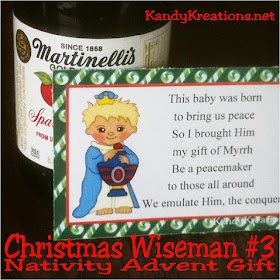 This Nativity Advent Calendar is a wonderful neighbor gift idea this Christmas.  Each day, wrap up the candy, add the poem and tag free printable, and give a gift that will bring Christ back into Christmas. Day 7 is the third wise man bringing his gift of Myrrh to the peacemaker and conquerer, Jesus Christ. #advent #christmas #wisemen #bagtopper #countdown #nativity #diypartymomblog