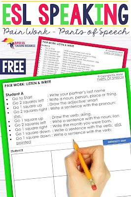 Have fun with your ESL students with these this super simple and fun Pair Work Speaking Game Parts of Speech for Adults! Students will receive a template card each and read the instructions to help their partner fill in their squares, They will also need to practice their speaking and listening skills to identify what their partner .